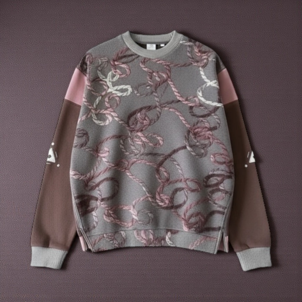 Elegant Mauve & Gray Cable Knit Crew Neck Wool Sweater