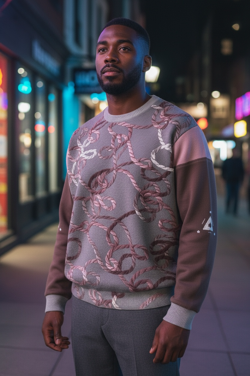 Elegant Mauve & Gray Cable Knit Crew Neck Wool Sweater