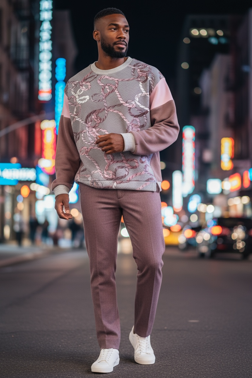 Elegant Mauve & Gray Cable Knit Crew Neck Wool Sweater